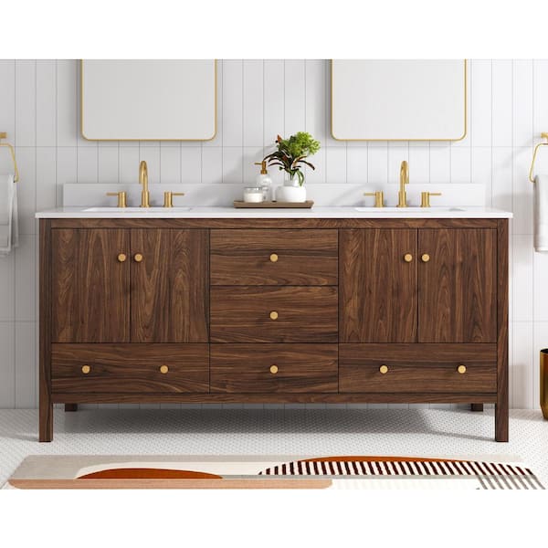 Glacier Bay Rory 72 in. Double Sink Walnut Bath Vanity with White Engineered Marble Top (Assembled)