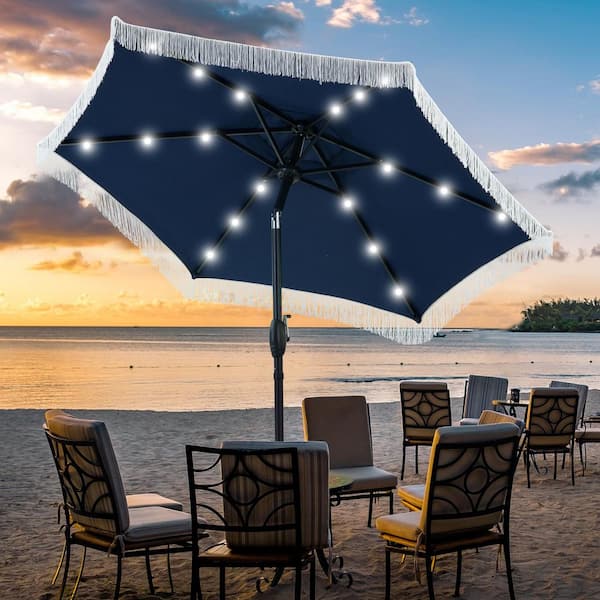 7.5 ft. Outdoor Patio Beach Umbrella with Tassel And LED Light in Navy Blue