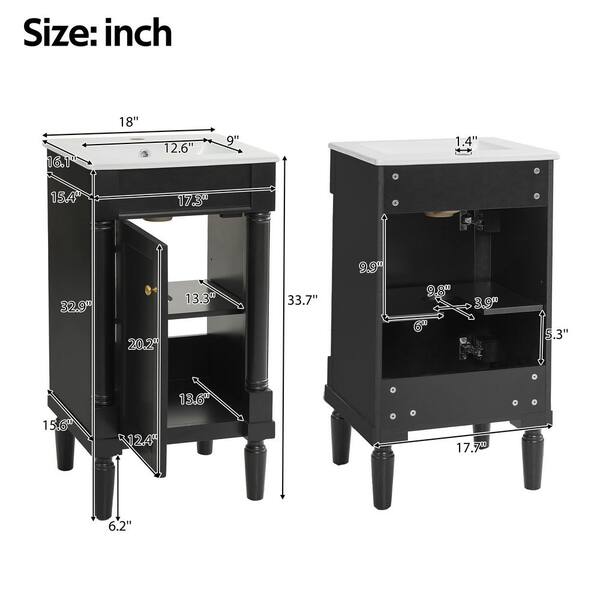 Ziyudura 18 in. Single Sink Freestanding Black Bath Vanity with