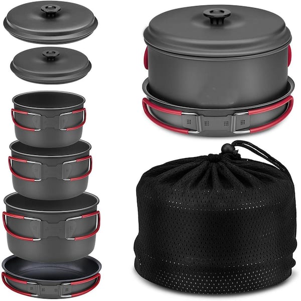 5 Piece Hard Alumina Nonstick Cookware Set in Gray, Lightweight Scratch Resistant Camping Pots and Pans