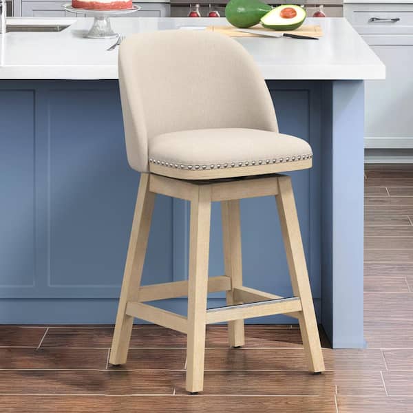 OrangeOne 26 in. Linen Color Fabric Upholstered Wood Frame Swivel Counter Height Bar Stool