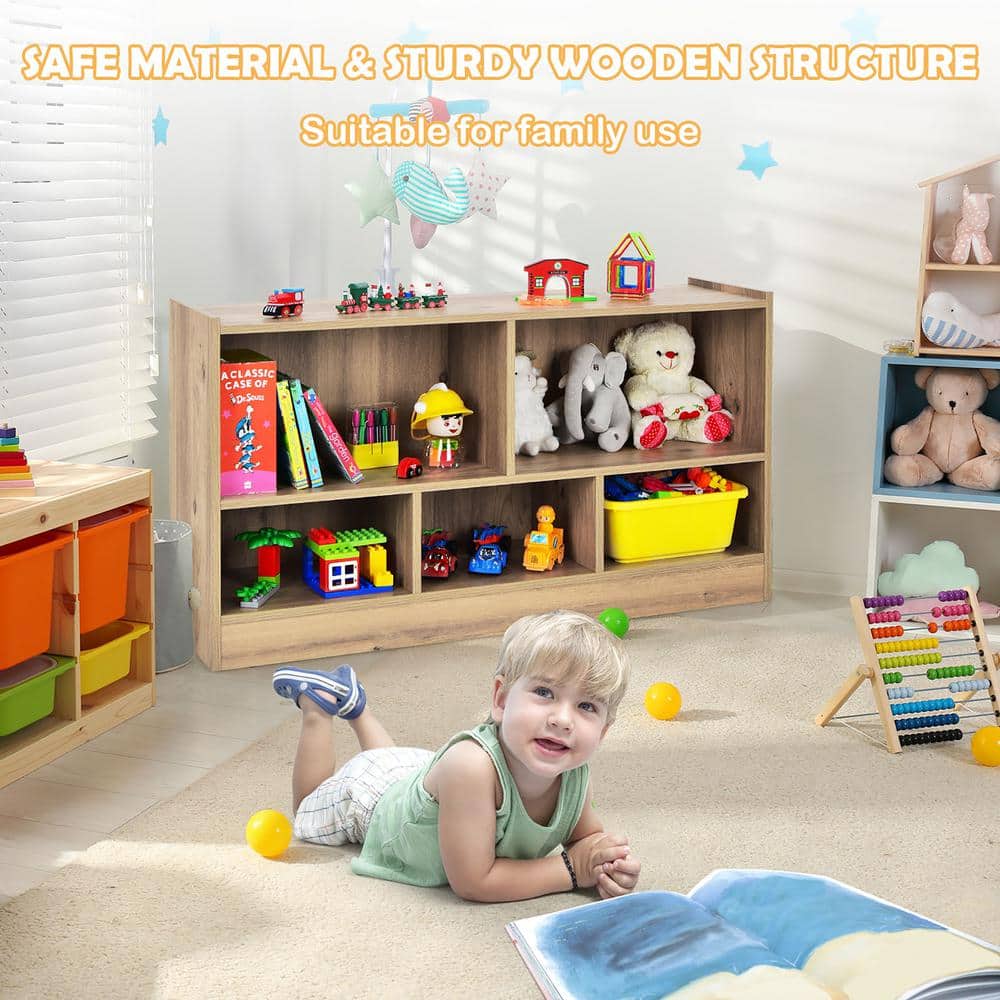 24 in. Brown Wooden 5 Shelf Children Storage Cabinet Bookcase Toy Storage Kids Rooms Classroom - thumbnail 5