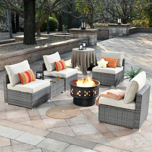 Toject Sanibel Gray 6-Piece Wicker Outdoor Patio Conversation Sofa Chair Set with a Wood-Burning Fire Pit and Beige Cushions