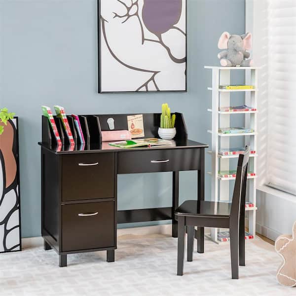2-Piece Wood Top Brown Kids Study Desk and Chair Writing Table with Drawer Storage Cabinet