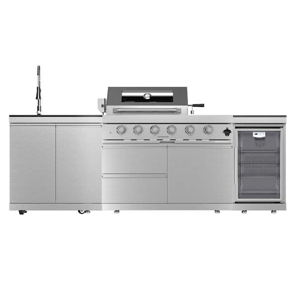46 in. 4-Burner 72,000 BTU Stainless Steel Outdoor Kitchen BBQ Grill Island, Wine Refrigerator, Rotisserie, in Sliver