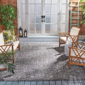 Courtyard Gray/Black 7 ft. x 7 ft. Floral Distressed Border Indoor/Outdoor Patio  Square Area Rug