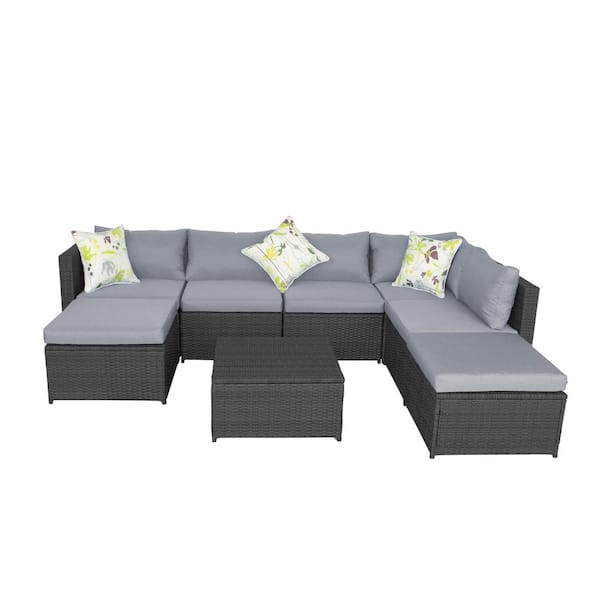Willit Gray 8-Piece Wicker Outdoor Sectional Set with Gray Cushions