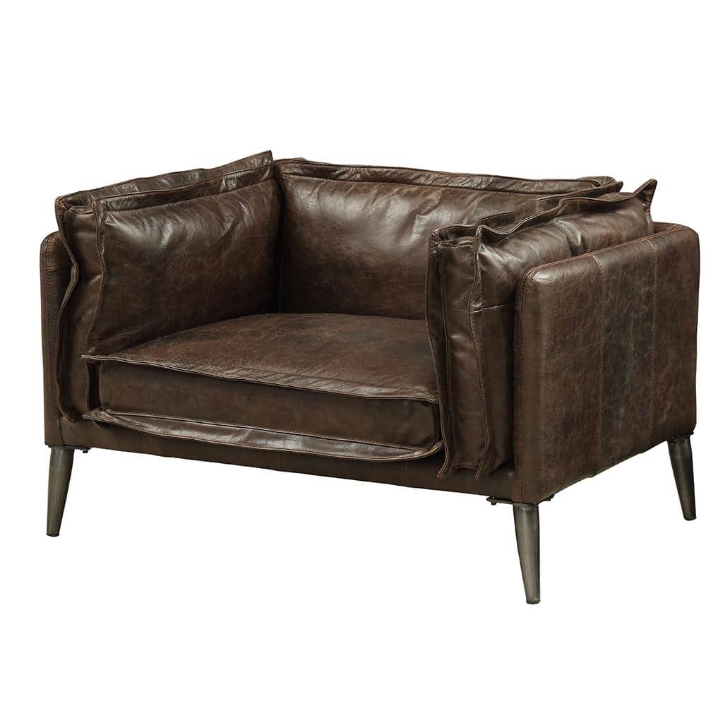 Distressed Brown Leather and Wood Accent Chair
