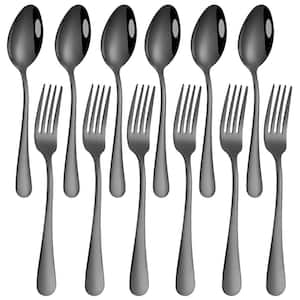 Black Plated Stainless Steel Dinner Forks and Spoons Set of 12