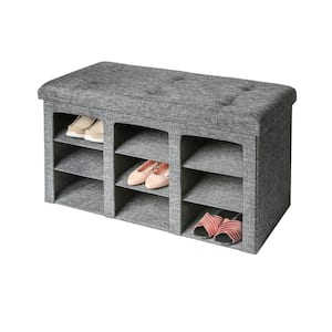 Gray 9-Bin Tufted Entryway Shoe Storage Bench