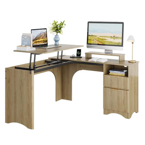Bestier 55 in. Natural 2-Storage Drawers L-Shaped Computer Desk