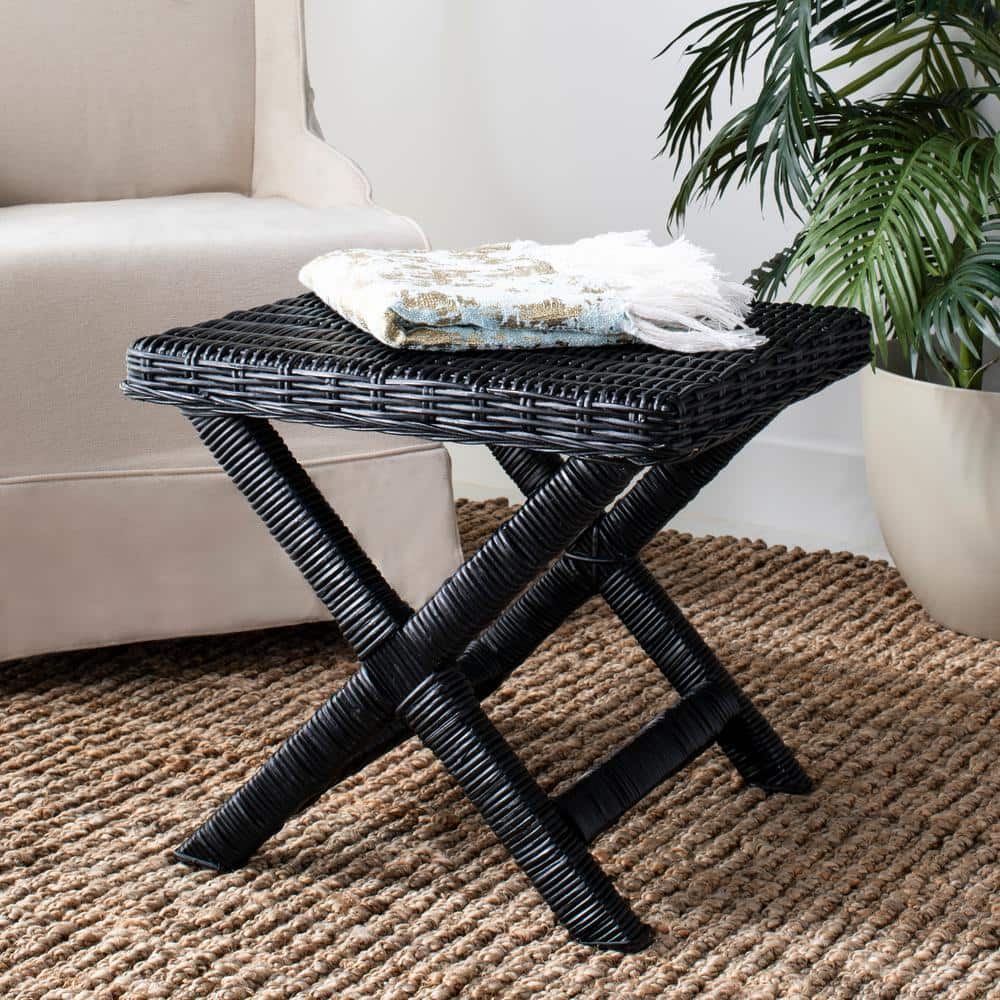 Transitional Manor Black Rattan Bench with Cross-Leg Design