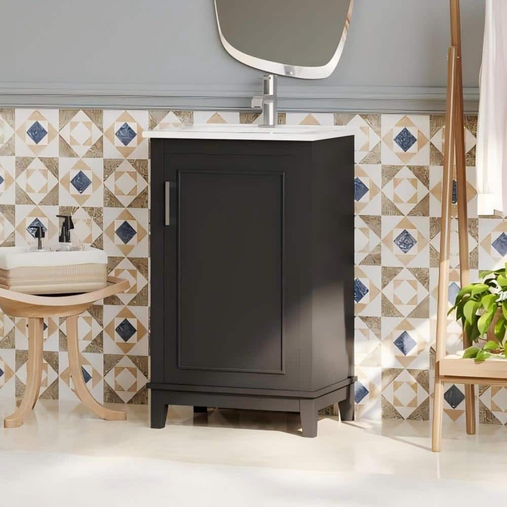 tunuo 20 in. W Wood Modern Small Bathroom Vanity Cabinet in Black with Ceramic Basin SF-8756BK ...