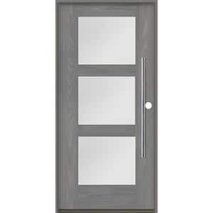 Modern Faux Pivot 36 in. x 80 in. 3-Lite Left-Hand/Inswing Satin Glass Malibu Grey Stain Fiberglass Prehung Front Door