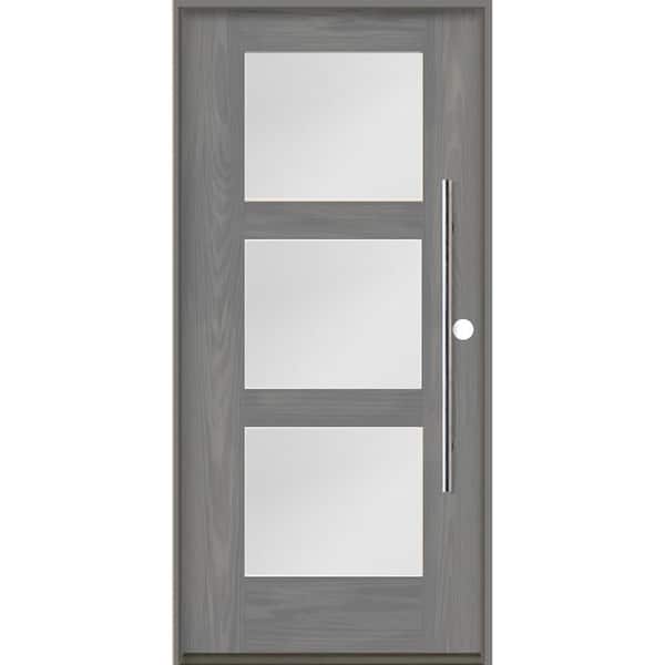 Krosswood Doors Modern Faux Pivot 36 in. x 80 in. 3-Lite Left-Hand/Inswing Satin Glass Malibu Grey Stain Fiberglass Prehung Front Door