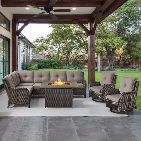 Brown 4-Piece Wicker Patio Fire Pit Set, Outdoor Sectional Seating Set with Olefin Gray Cushions and Swivel Rockers