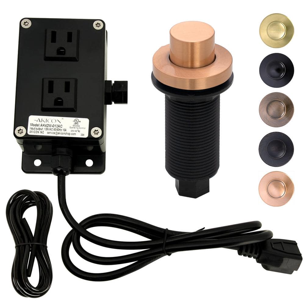 Garbage Disposal Air Switch Kit, Dual Outlet, Solid Brass Button, Copper Lo