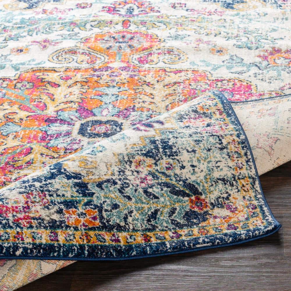 Orange and Navy Synthetic 4' x 6' Vintage Medallion Area Rug