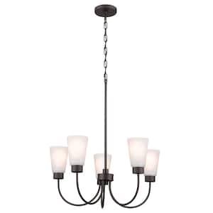 Erma 24 in. 5-Light Olde Bronze Traditional Shaded Circle Dining Room Chandelier with Satin Etched Glass Shades