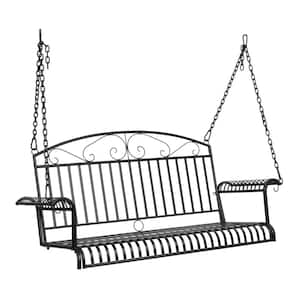 47 in. 2-Person Black Metal Porch Swing with Adjustable Safety Chains