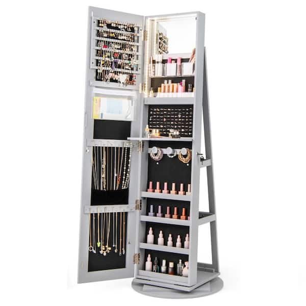 360° Rotating Mirrored Jewelry Cabinet Armoire 3 Color LED Modes Lockable Gray