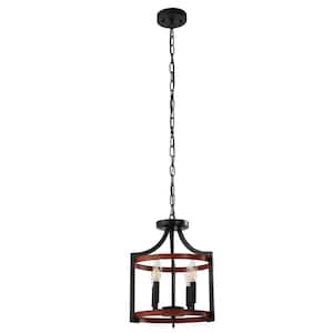 4-Light Black and Wood Drum Pendant Light, Convertible Semi Flush Mount Ceilingfor Dining Room,Bedroom, Foyer, Entryway