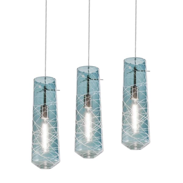 AFX Spun 3-light Satin Nickel Linear Multi Pendant Light with Glass Steel Blue