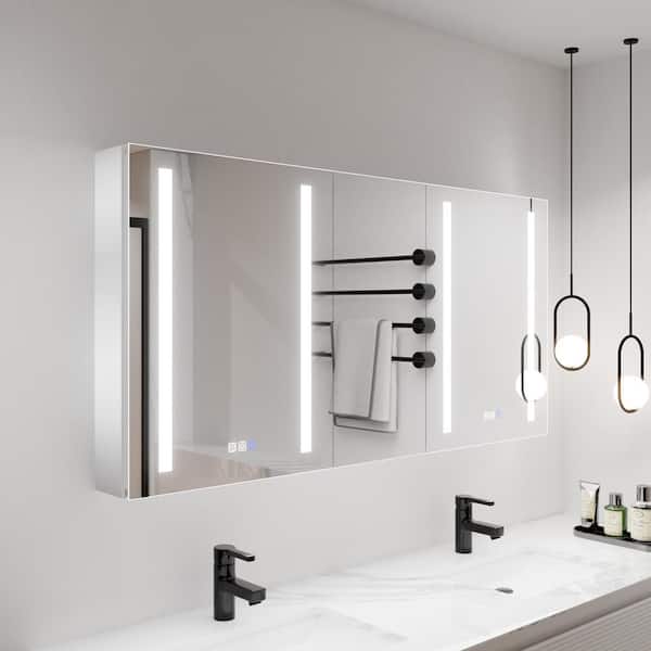 ExBrite Shine 52 in.W x 26 in.H Rectangular Aluminum Recessed/Surface Mount Dual Swing Medicine Cabinet with Mirror LED