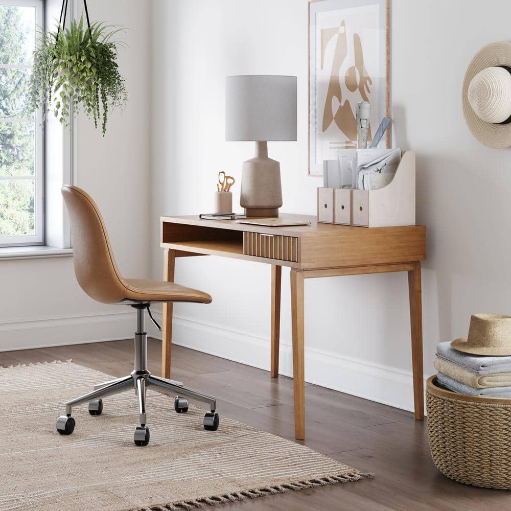 Natural Brown Wood Writing Desk with Drawer and Open Cubby
