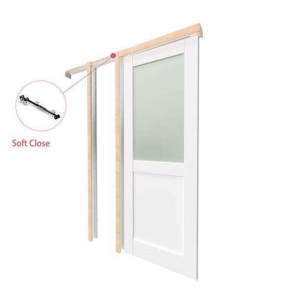 TENONER 48 in. x 80 in. Pine and MDF Composite, White Primed, Half Frosted Glass Pocket Door with Soft Close Frame and Hardware