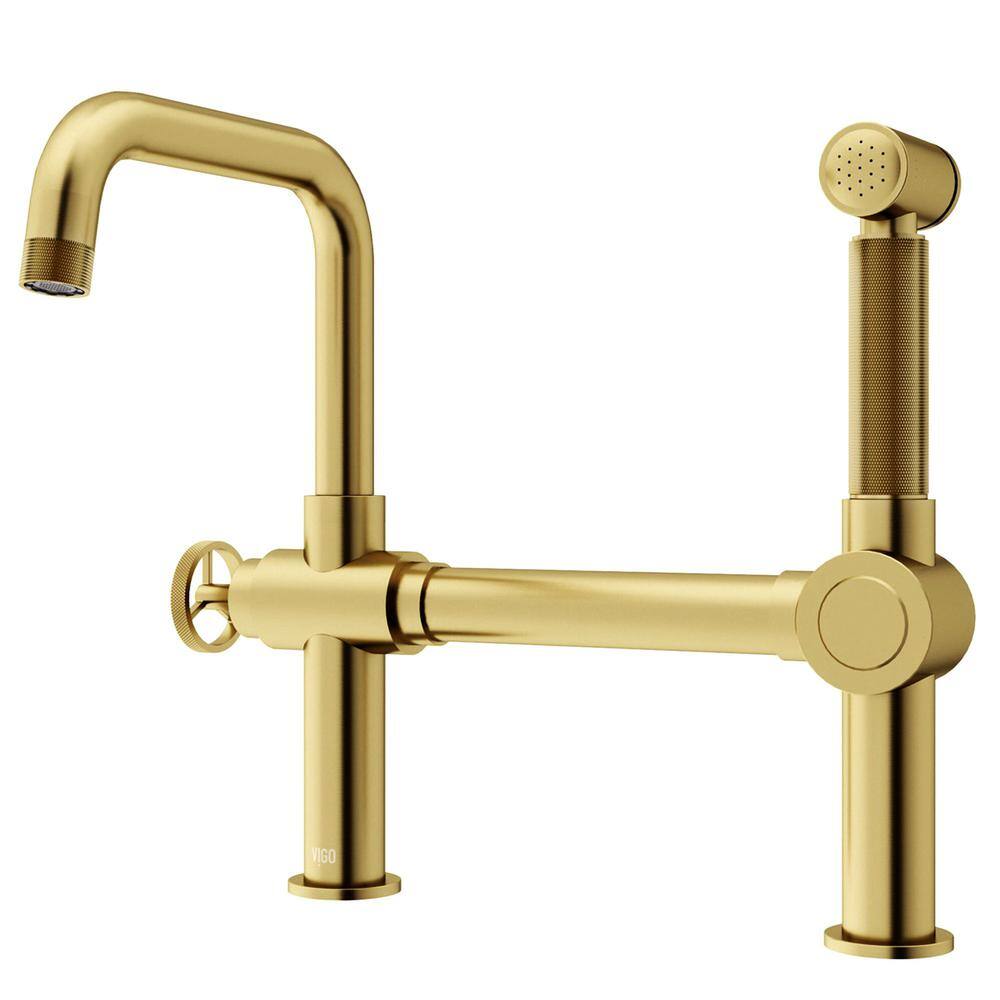 Cass Single-Handle High-Arc Widespread Bridge Kitchen Faucet with Pull-Out Side Sprayer in Matte Brushed Gold