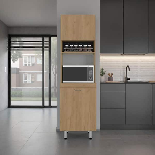 Austin Tall Freestanding Kitchen Pantry Cabinet with Microwave Coffee Station, Upper & Lower Storage & Open Shelf
