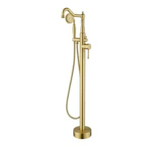 2-Handle Freestanding Tub Faucet with Hand Shower Floor Mounted Bathtub Filler in Brushed Gold