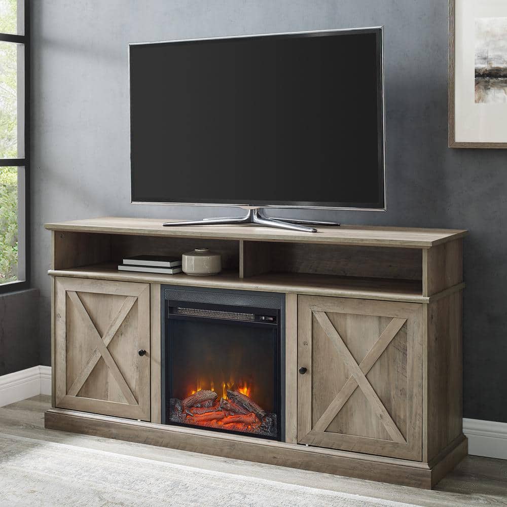 60 in. Grey Wash Wood X Door TV Stand Fits TVs up to 65 in. with Electric Fireplace price history on PriceWatchPro