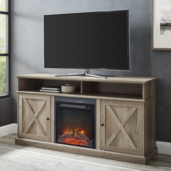 60 in. Grey Wash Wood X Door TV Stand Fits TVs up to 65 in. with Electric Fireplace