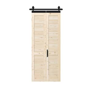 34 in. x 84 in. Unfinished Pine Wood Louver Bi-Fold Sliding Barn Door with Hardware Kit