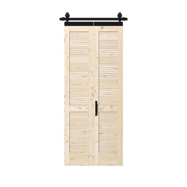 ARK DESIGN 34 in. x 84 in. Unfinished Pine Wood Louver Bi-Fold Sliding Barn Door with Hardware Kit