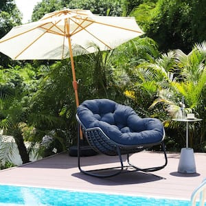 43.7 in. W Black Metal Outdoor Rocking Chair with Navy Blue Cushions