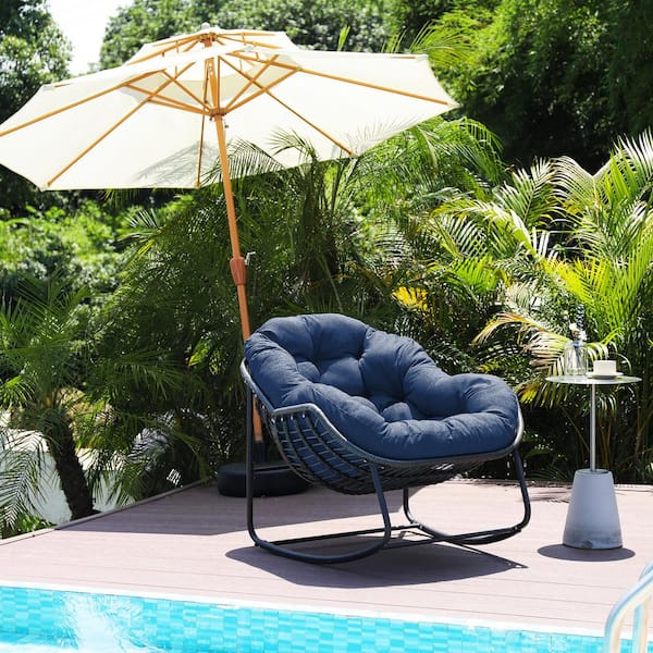 Cesicia 43.7 in. W Black Metal Outdoor Rocking Chair with Navy Blue Cushions 2-Pack