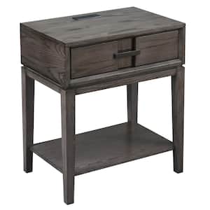 Oak Recessed Drawer Nightstand/Side Table with Top AC/USB Charger