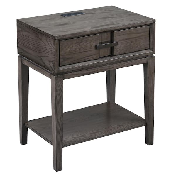 Leick Home Oak Recessed Drawer Nightstand/Side Table with Top AC/USB Charger