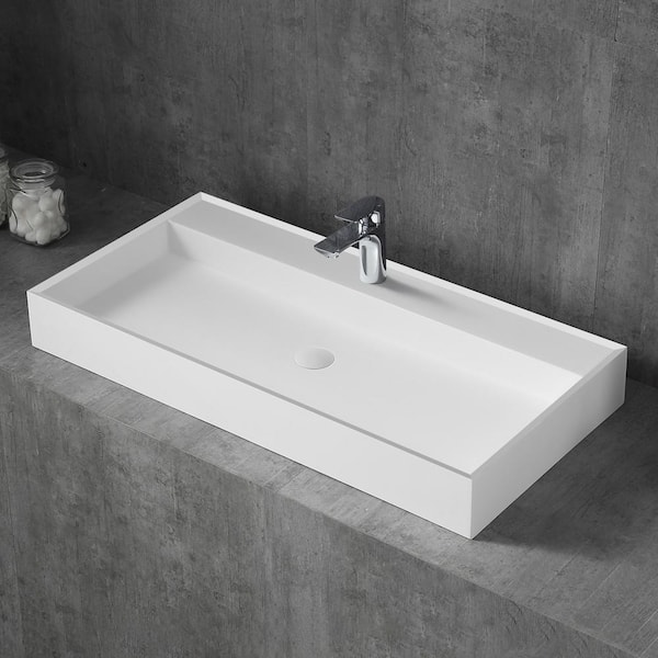 tunuo Solid Surface Composite Rectangular Vessel Bathroom Sink in White