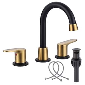 8 in. Widespread Double Handle High Arc Bathroom Sink Faucet with Pop-up Drain Kit in Black and Gold
