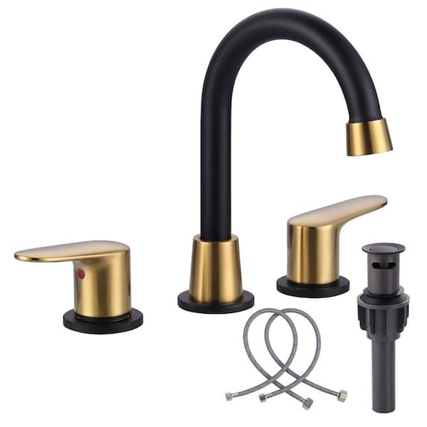 ARCORA 8 in. Widespread Double Handle High Arc Bathroom Sink Faucet with Pop-up Drain Kit in Black and Gold