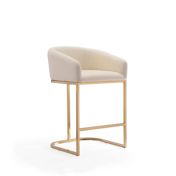 Manhattan Comfort Louvre 26 in. Cream and Titanium Gold Metal Counter Stool with Leatherette Upholstered Seat