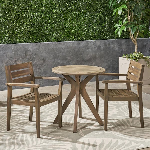 Noble House Stamford Grey 3-Piece Wood Outdoor Bistro Set with Cross-Legged Table