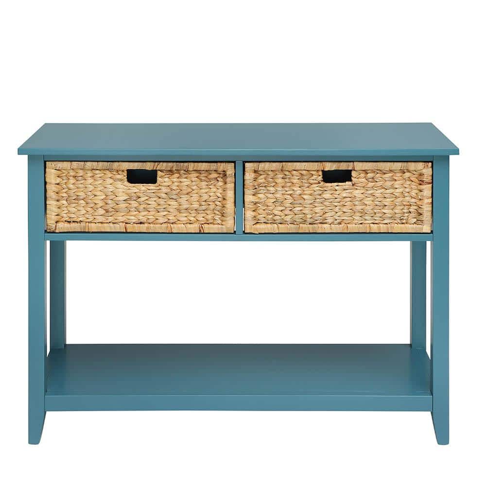 Teal Wood Console Table with Storage Baskets and Shelf