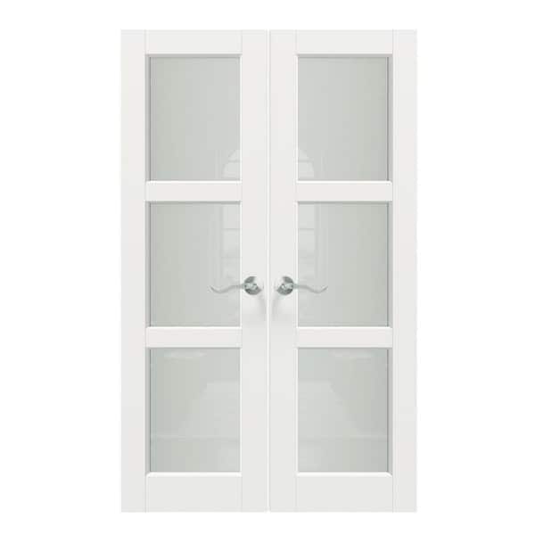 48 in. x 80 in. MDF Composite, Primed, White, 3 Lite, Frosted Glass Interior Door Slab with Silver Curved Doorknob