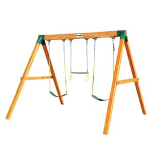 Free Standing Wooden Swing Set with 2 Belt Swing and Trapeze Bar