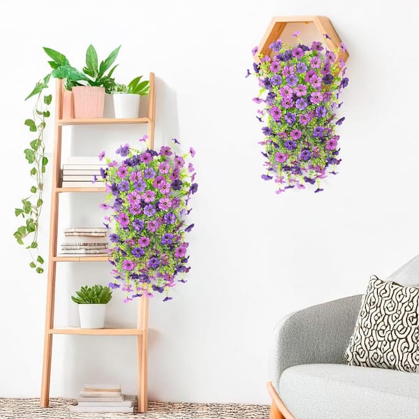 Afoxsos 15 in. HDouble Purple Artificial Hanging Daisy Plants for